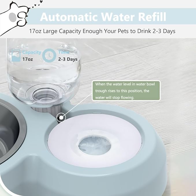 Dog Bowls, Puppy Cat Food and Water Bowl Set with Water Dispenser and Stainless Steel Bowl Non-Slip Mat, Detachable Gravity Pet Feeder and Waterer Set for Cats Dogs Puppy Rabbit (Blue)