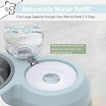 Dog Bowls, Puppy Cat Food and Water Bowl Set with Water Dispenser and Stainless Steel Bowl Non-Slip Mat, Detachable Gravity Pet Feeder and Waterer Set for Cats Dogs Puppy Rabbit (Dark Blue)