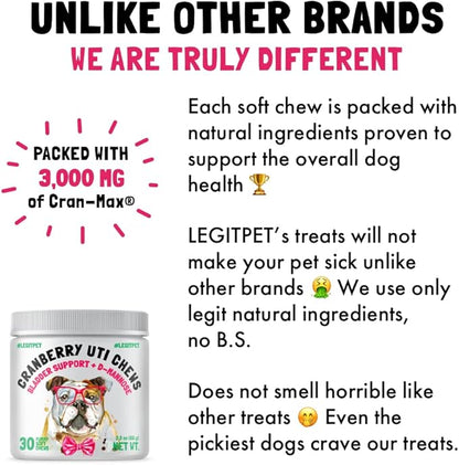 Cranberry UTI Chews for Dogs Bladder Support + D-Mannose Supports Kidney Urinary Tract and Bladder Health Natural Cranberry Wellness Supplement Immune System Booster Natural Pet Antioxidant 30 Chews