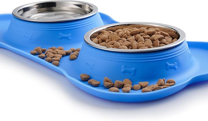 Hubulk Pet Dog Bowls 2 Stainless Steel Dog Bowl with No Spill Non-Skid Silicone Mat + Pet Food Scoop Water and Food Feeder Bowls for Feeding Small Medium Large Dogs Cats Puppies (Large, Blue)