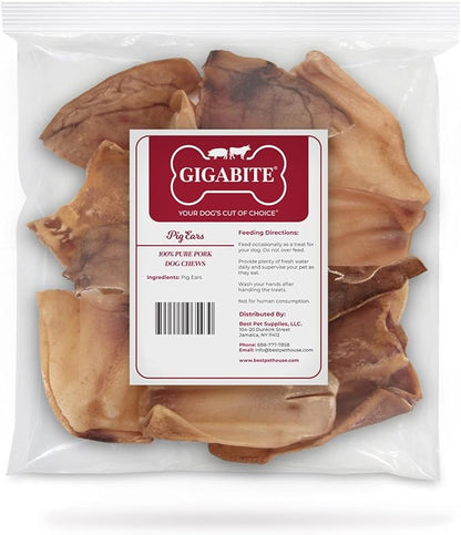 Best Pet Supplies GigaBite Whole Pig Ears for Dogs - All-Natural Slow-Roasted Chews that Clean Teeth and Satisfy Aggressive Chewers - 12 Pack for Large Dogs
