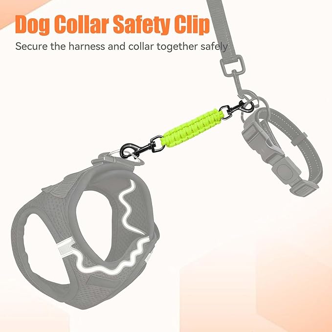 Dog Collar Safety Clip, Collar Companion, Handmade Backup Safety Strap, Double-Ended Clip Leash Connector, Suitable for Dog Harnesses, Prong, Pinch Collars (Fluoro Green, 1 Pack)