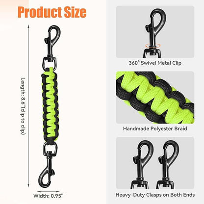 Dog Collar Safety Clip, Collar Companion, Handmade Backup Safety Strap, Double-Ended Clip Leash Connector, Suitable for Dog Harnesses, Prong, Pinch Collars (Black,Fluoro Green, 1 Pack)