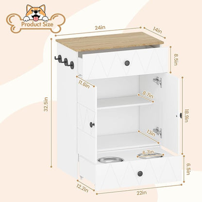 Pet Feeding Station with Storage, Raised Dog Bowls, Pet Feeder Cabinet, with Adjustable Shelves, Rolling Drawer, Hooks, for Feeding & Watering Supplies (Light)