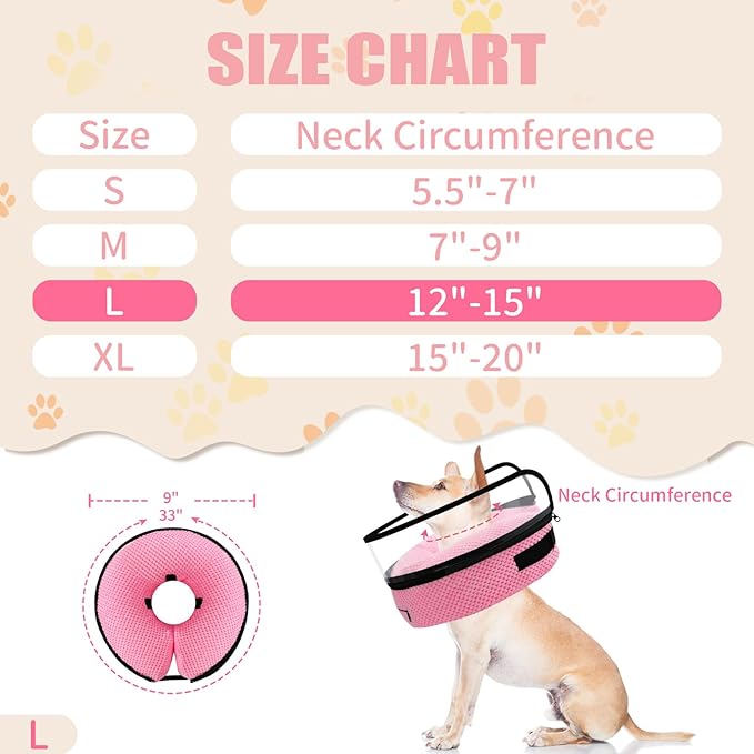 2-in-1 Soft Inflatable Dog Cone Collar Alternative with Enhanced Anti-Licking Guard Shield, Dog Donut Collar After Surgery, Adjustable Recovery Cones for Large Medium Dogs and Cats(Pink, L)