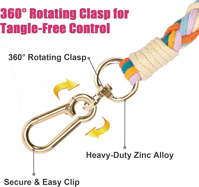 Handmade 5ft Braided Cotton Dog Leash with Unique Floral Handle, Durable and Stylish, Ideal for Small to Large Dogs,Rainbow Mix