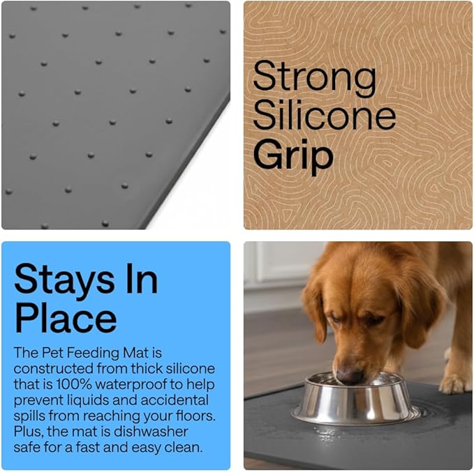 GORILLA GRIP 100% Waterproof Raised Edge BPA Free Silicone Pet Feeding Mat, Dog Cat Food Mats Contain Spills Protects Floors, Placemats for Cats and Dogs Water Bowl, Pets Accessories 23x15 Charcoal