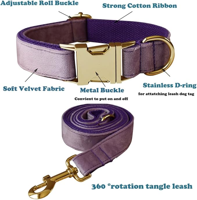 Love Dream Velvet Dog Collar and Leash Set, Soft & Comfy Adjustable Dog Leash and Collar with Heavy Duty Metal Buckle for Small Medium Large Dogs Training & Walking (Small, Purple)