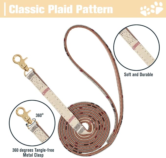 EXPAWLORER Puppy Collar and Leash Set - Embroidery Pawprints Plaid Dog Collar and Dog Leash Set, Bow Tie and Bandana Dog Collar with Bell, Collar and Leash for Dogs Cats Outdoor Walking, Beige S
