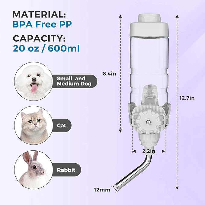 Vannon Dog Water Dispenser for Cage, 20oz Auto Feeding Crate Water Bottle for Dogs, Cats & Rabbits, Pet Nozzle Diameter: 12mm, BPA Free, Grey