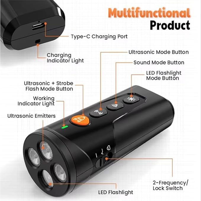 Dog Bark Deterrent Device [2025 Upgrade] – 3-in-1 Ultrasonic Anti Barking Device & Dog Training Aid – Stop Barking Tool with Flashlight & Beep Mode – Portable & Humane 25ft Range (Safe