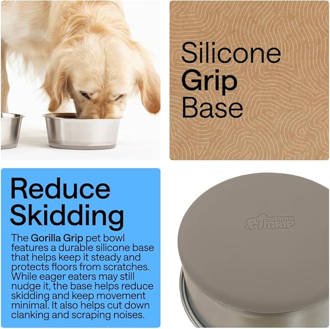 GORILLA GRIP Dog Bowls, Food Grade 304 Stainless Steel, Holds 8 Cups Each (64 fl oz) Food and Water Bowl for Feeding Dogs and Cats, Dishwasher Safe, Rust Resistant, BPA Free Rubber Base Set of 2 Beige