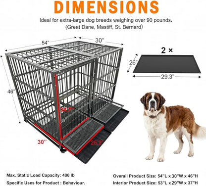 BOLDBONE 54 inch Heavy Duty Indestructible and Escape-Proof Dog Crate Cage Kennel for Large Dogs, High Anxiety Dog Crate with Removable Wire Trays and Wheels, Extra Large XL XXL, Black