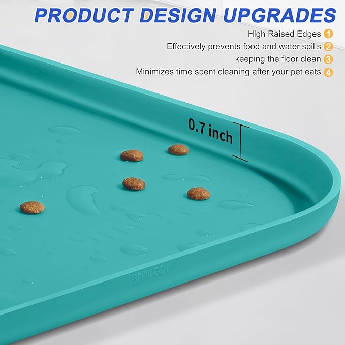 SMILOOL Silicone Pet Feeding Mat with Raised Edge for Food and Water, Dog Bowl Mats, Cat Bowls Placemat with High Lip for Floor Waterproof, Rubber Tray for Cats and Dogs 19 x 12 x0.7 Dark Turquoise