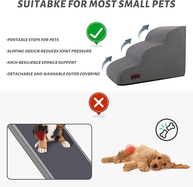 Aodisman 3-Step Dog Ramp and Stairs for Sofa and Chair - Non-Slip Sturdy Pet Steps for Small Dogs and Cats,15.7" H,Grey