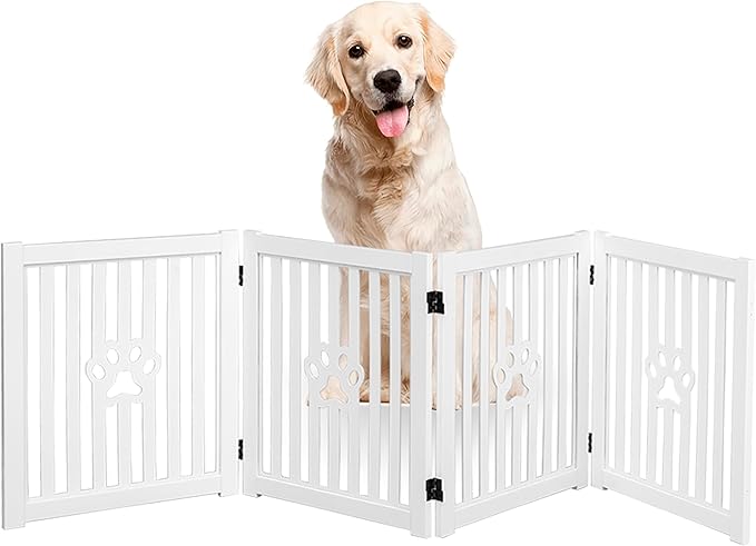 4 Panel Dog Gate - White - Foldable Wooden Freestanding Pet Gate, 80" L x 23.6" H, for Doorways, Halls & Stairs, 360 Degree Rotated Hinges