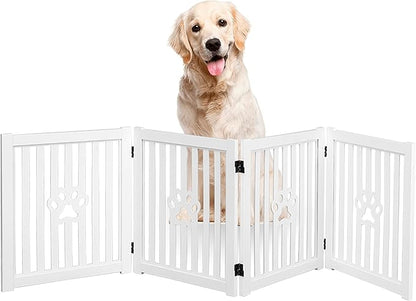 4 Panel Dog Gate - White - Foldable Wooden Freestanding Pet Gate, 80" L x 23.6" H, for Doorways, Halls & Stairs, 360 Degree Rotated Hinges