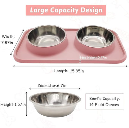 BNOSDM Double Dog Food Bowls Stainless Steel Dog Food and Water Bowls with Non-Spill Plastic Mat Pet Cat Feeder Bowl Set for Puppy Cats Kitten Small Medium Dogs Pink