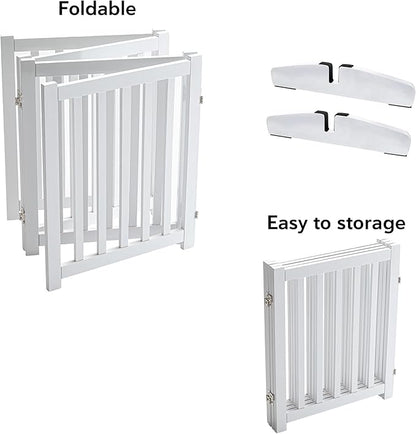 LZRS Freestanding Extra Wide Dog Gate 30 inch Tall - 4 Panels Solid Wooden Pet Gate for Doorways, Stairs, Hallways,Kitchens& Long Areas, Expandable & Foldable with Support Feet,Indoor Use,White