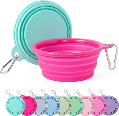 SLSON Collapsible Dog Bowl, 2Pack Macaron Color Pet Travel Bowls Silicone Foldable Water Feeder Dish for Small to Large Dogs Cat Walking Hiking Camping (Macaron Bright Pink and Bright Green, Small)