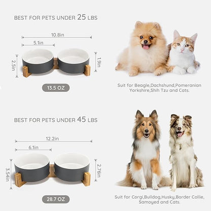 SPUNKYJUNKY Ceramic Dog and Cat Bowl Set with Wooden Stand, Modern Cute Weighted Food Water Set for Small Size Dogs (13.5OZ) & Medium Sized Dogs (28.7OZ) & Cats (1.7 Cups, 2 × White-Gray)