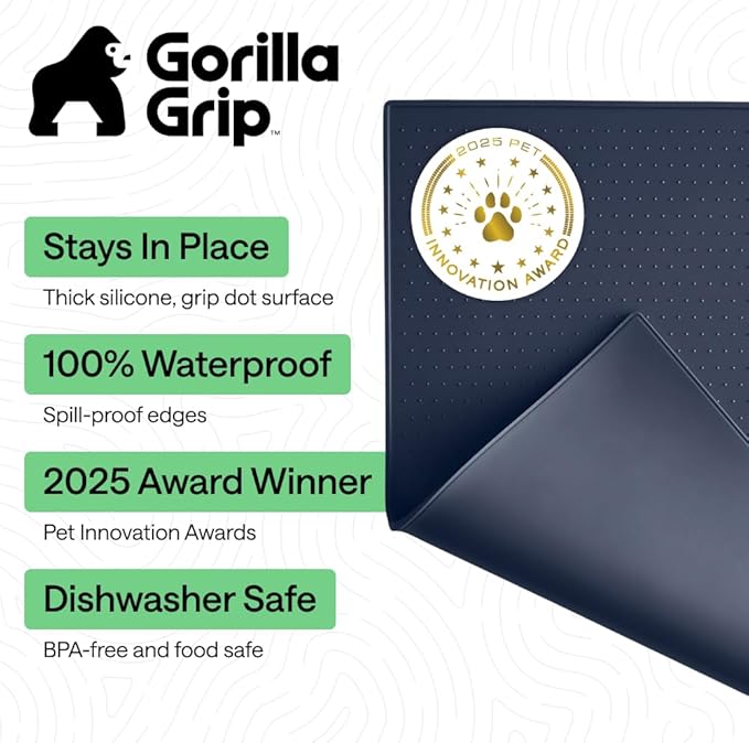 GORILLA GRIP 100% Waterproof Raised Edge BPA Free Silicone Pet Feeding Mat, Dog Cat Food Mats Contain Spills Protects Floors, Placemats for Cats and Dogs Water Bowl, Pets Accessories 18.5x11.5 Navy