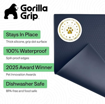 GORILLA GRIP 100% Waterproof Raised Edge BPA Free Silicone Pet Feeding Mat, Dog Cat Food Mats Contain Spills Protects Floors, Placemats for Cats and Dogs Water Bowl, Pets Accessories 18.5x11.5 Navy