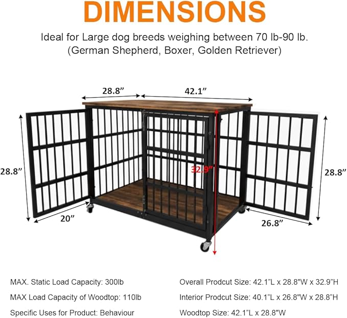 Boldbone 42 inch Dog Crate Furniture, Heavy Duty Dog Kennel Indoor for Large Dogs, Escape-Proof and Chew-Proof Wooden Dog Cage for high Anxiety Dog, Decorate House as TV Stand, End Table