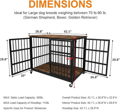 Boldbone 42 inch Dog Crate Furniture, Heavy Duty Dog Kennel Indoor for Large Dogs, Escape-Proof and Chew-Proof Wooden Dog Cage for high Anxiety Dog, Decorate House as TV Stand, End Table