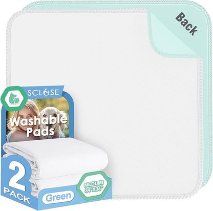 SCLOSE Washable Pee Pads for Dogs 2 Pack, 34" x 36" Waterproof Incontinence Bed Pads for Adults, Elderly and Kids, Nursing Pads, Chucks Pads, Super Asorbent Dog Training Pads, White & Green