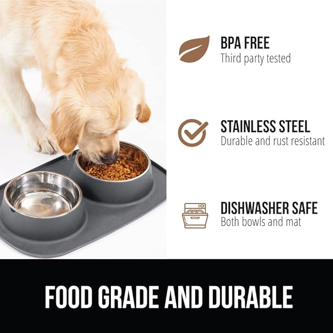 GORILLA GRIP Feeding Mat Bowl Set, 100% Waterproof BPA Free Silicone Base, 304 Stainless Steel Cat and Dog Bowls for Food and Water, Slip Resistant, High Edge, US Designed, Patent Pending, 1 Cup Gray