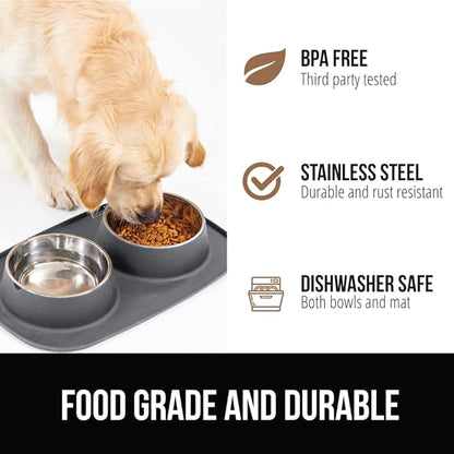GORILLA GRIP Feeding Mat Bowl Set, 100% Waterproof BPA Free Silicone Base, 304 Stainless Steel Cat and Dog Bowls for Food and Water, Slip Resistant, High Edge, US Designed, Patent Pending, 1 Cup Gray