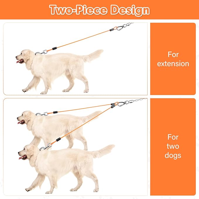 Chew Proof Dog Leash Extender, 24'' Wire Rope Extension for Small, Medium, Large Dogs, Walking, Training Puppies, Dual 2-Dog Leash, Metal Cable Lead for Collar & Harness