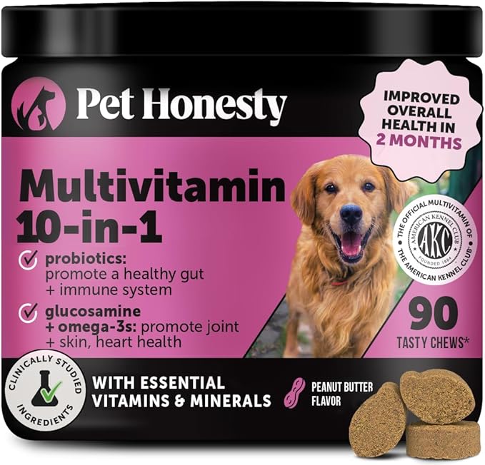 10-in-1 Dog Multivitamin Supplement with Glucosamine & Probiotics - Hip & Joint Support, Digestive Health, Immune Support, Heart & Skin - All-in-One Daily Vitamins & Omega-3s (Peanut Butter, 90 ct)