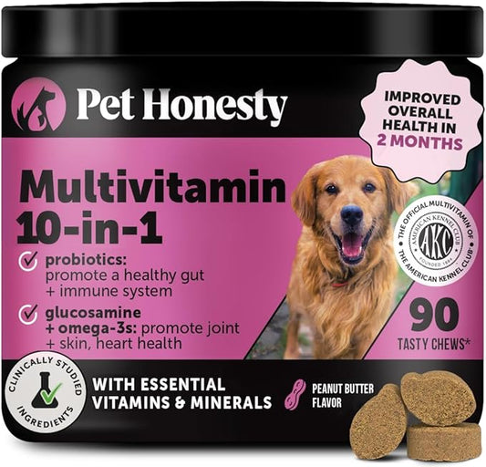 10-in-1 Dog Multivitamin Supplement with Glucosamine & Probiotics - Hip & Joint Support, Digestive Health, Immune Support, Heart & Skin - All-in-One Daily Vitamins & Omega-3s (Peanut Butter, 90 ct)
