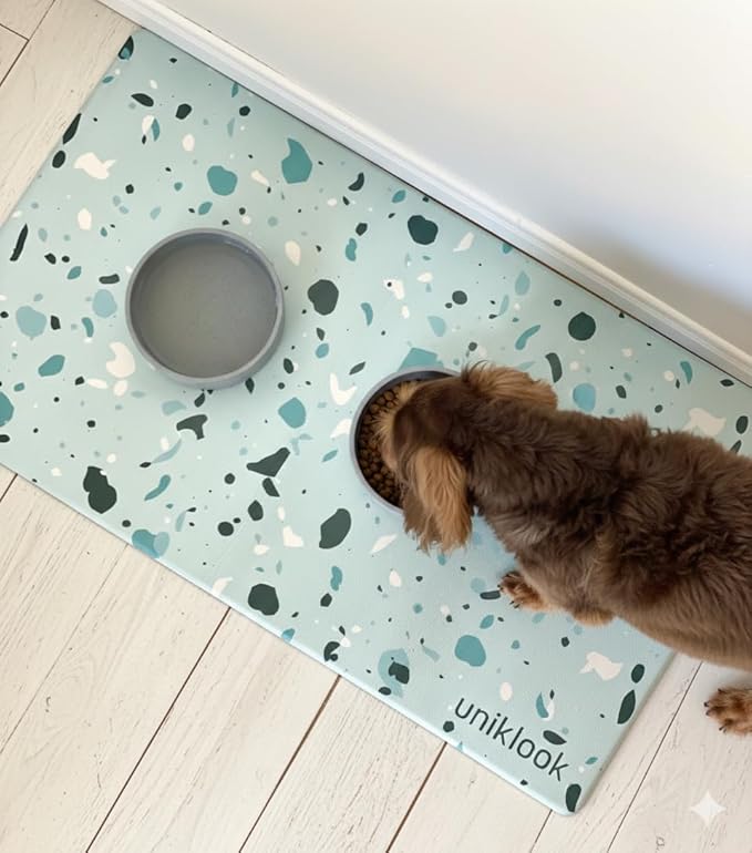Large Pet Placemat Food & Water, Dog Cat Food Mat for Pet Bowls 28" X 16.5" Waterproof Easy to Clean Dog Mat for Bowl Food Water Terrazzo Blue Uniklook