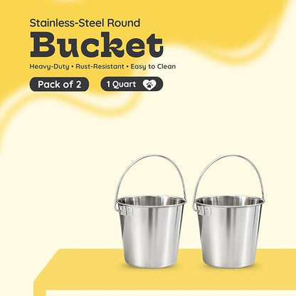 1 Quart Heavy Duty Stainless Steel Round Bucket with Handle | Fits kennel Cage Critter Crates Farm | Food & Water Pail for Small Pets Birds Dog Cat | Livestock Multipurpose use, Pack of 2
