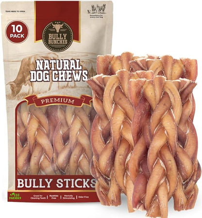 Bully Bunches All Natural 6" Standard Braided Bully Sticks - Odour Free, Rawhide Free, Chemical Free - Safe, Long Lasting Thick Beef Dog Chews - Fully Digestible Treat for Small and Medium Dogs, 10 Pk