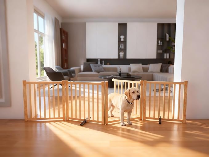 YOCAN Paint-Free Wooden Freestanding Dog Gates with Door for The House,Doorways, Stairs,Wood Dog Fences Indoor Pet Gate,Step Over Fence-4 Panel
