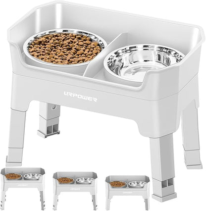 URPOWER 3-in-1 Elevated Dog Bowls - Mess Proof Double Deck 4 Height Adjustable Raised Stand with 2 Stainless Steel Food Bowls & Licking Plate for Small, Medium & Large Dogs