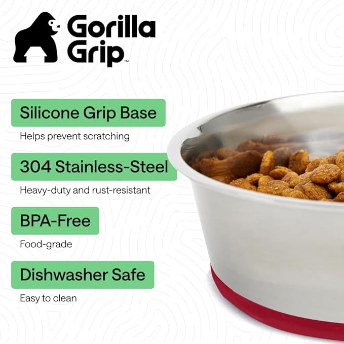 GORILLA GRIP Dog Bowls, Food Grade 304 Stainless Steel, Holds 6 Cups Each (48 fl oz) Food and Water Bowl for Feeding Dogs and Cats, Dishwasher Safe, Rust Resistant, BPA Free Rubber Base Set of 2 Red