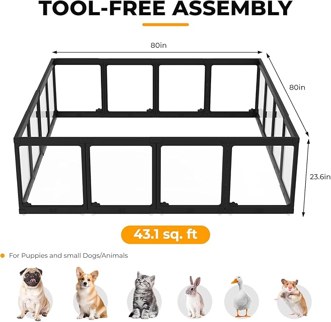 Acrylic Dog Playpen Indoor, Cloud Design Clear Dog Play Pen for Puppies and Small Dogs, Easy Assembly & Clean Puppy Pen (23.6", 16 Panels, Black)