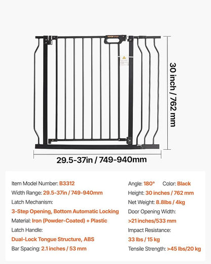 VEVOR Baby Gate, 29.5-37 in Adjustable Width, 30in High Dog Gate, Easy Step Walk Thru, Auto Close, Child Pet Security, with Pressure Mount Kit and Wall Mount Kit, for Stairs Doorways and House, Black