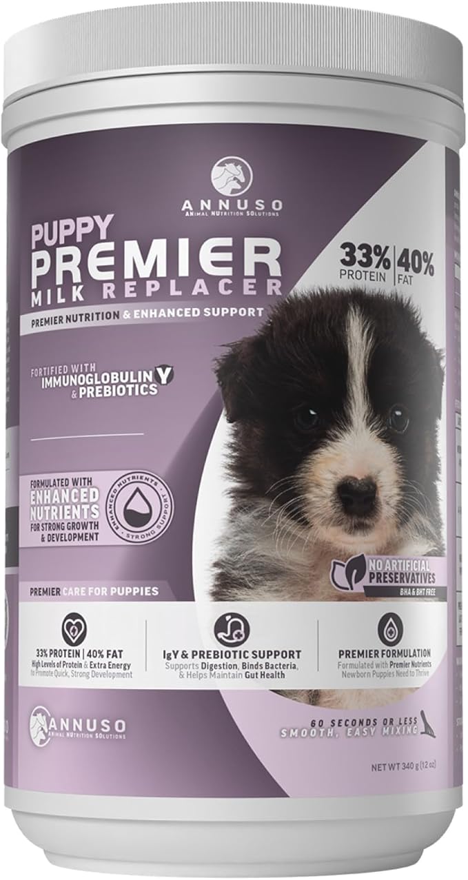 ANNUSO Puppy Premier Milk Replacer, 12oz - 33% Protein & 40% Fat - with IgY & Probiotics for Growth, Energy & Immune Support - for Birth to Weaning, Easy-Mix Powder