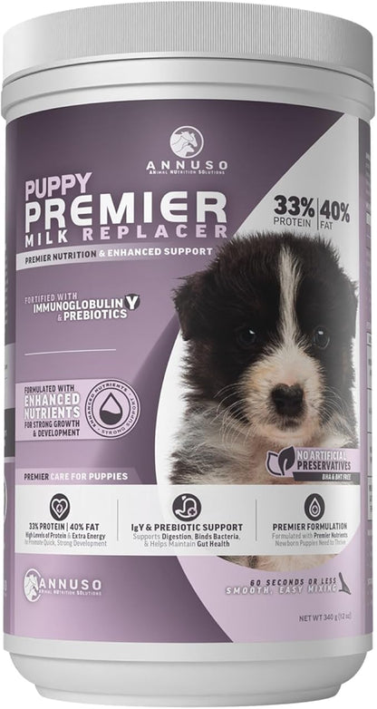 ANNUSO Puppy Premier Milk Replacer, 12oz - 33% Protein & 40% Fat - with IgY & Probiotics for Growth, Energy & Immune Support - for Birth to Weaning, Easy-Mix Powder