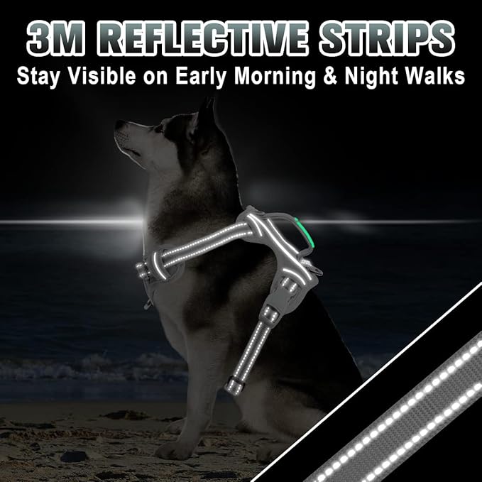 BARKBAY No Pull Dog Harness Large Reflective Dog Harness with Front Clip and Easy Control Handle for Walking Training Running with ID tag Pocket(Grey,XL)