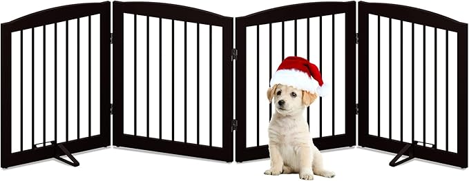 PUPETPO Freestanding Pet Gate for Dogs, Foldable Wooden Dog Gate for House, Indoor Dog Gate for Stair, Doorway, Gates for Dogs Indoor, 80 Inch Wide, 4 Panels 24",Brown