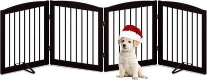PUPETPO Freestanding Pet Gate for Dogs, Foldable Wooden Dog Gate for House, Indoor Dog Gate for Stair, Doorway, Gates for Dogs Indoor, 80 Inch Wide, 4 Panels 24",Brown