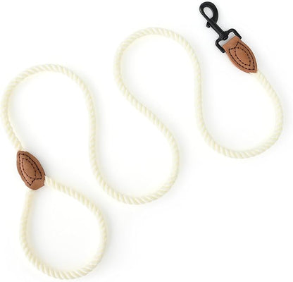 Mile High Life Dog Leash, Braided Cotton Rope Leashes with Leather Tailor Tip with Leather Tip - Heavy Duty Metal Clasp, 4FT, 1/2" Thick - Wedding, Walking Leash for Medium Large Dogs(Cream White)