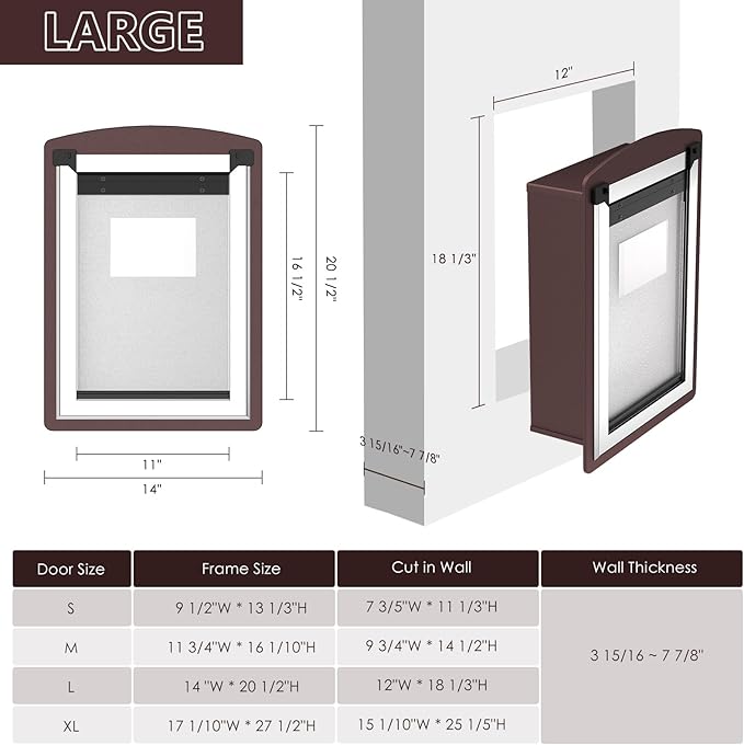 Dog Door for Wall, Large Dog Door with Double Lock Panels, Steel Frame and Telescoping Tunnel, Doggie Door for Interior and Exterior Wall, Up to 100lbs, Coffee Color